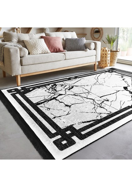 Siyah - Beyaz Zeminde Çerçeveli Motifli Mermer Desenli Geometrik Avangarde Salon & Oturma Odası Dış Mekan & Outdoor Dijital Baskılı Makinede Yıkanabilir Kaymaz Taban Saçaklı Halı fiyatları