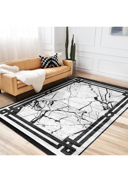 Siyah - Beyaz Zeminde Çerçeveli Motifli Mermer Desenli Geometrik Avangarde Salon & Oturma Odası Dış Mekan & Outdoor Dijital Baskılı Makinede Yıkanabilir Kaymaz Taban Saçaklı Halı modelleri
