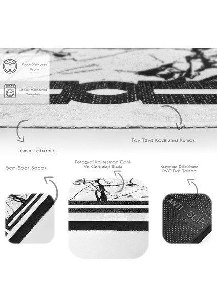 Siyah - Beyaz Zeminde Çerçeveli Motifli Mermer Desenli Geometrik Avangarde Salon & Oturma Odası Dış Mekan & Outdoor Dijital Baskılı Makinede Yıkanabilir Kaymaz Taban Saçaklı Halı fırsatları