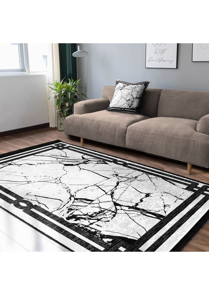 Siyah - Beyaz Zeminde Çerçeveli Motifli Mermer Desenli Geometrik Avangarde Salon & Oturma Odası Dış Mekan & Outdoor Dijital Baskılı Makinede Yıkanabilir Kaymaz Taban Saçaklı Halı indirimleri