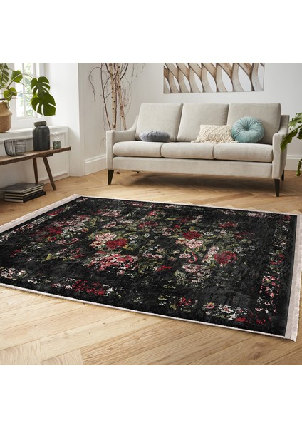 Siyah - Kırmızı Zeminde Çiçek Motifli Eskitme Desenli Floral Eskitme Motifli Salon & Oturma Odası Mutfak Dijital Baskılı Makinede Yıkanabilir Kaymaz Taban Saçaklı Halı fiyatları