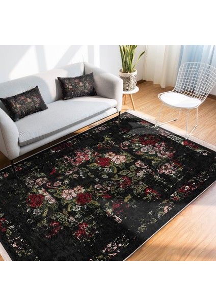 Siyah - Kırmızı Zeminde Çiçek Motifli Eskitme Desenli Floral Eskitme Motifli Salon & Oturma Odası Mutfak Dijital Baskılı Makinede Yıkanabilir Kaymaz Taban Saçaklı Halı modelleri
