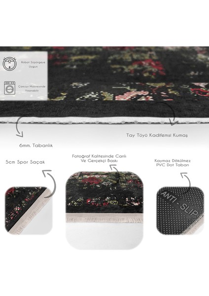 Siyah - Kırmızı Zeminde Çiçek Motifli Eskitme Desenli Floral Eskitme Motifli Salon & Oturma Odası Mutfak Dijital Baskılı Makinede Yıkanabilir Kaymaz Taban Saçaklı Halı fırsatları
