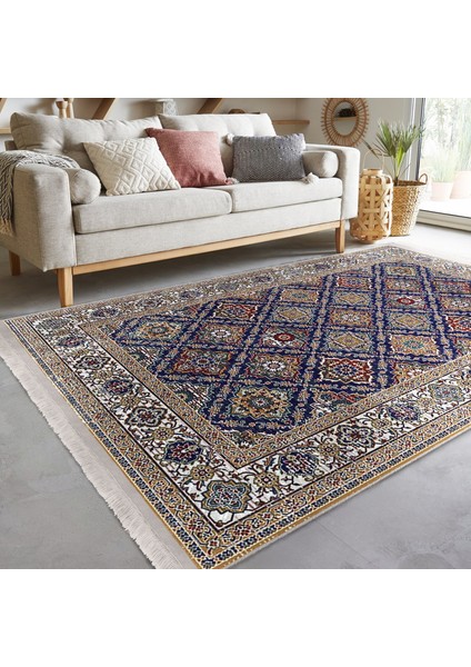Lacivert Zeminde Uşak Motifli Geleneksel Desenli Vintage Avangarde Salon & Oturma Odası Yatak Odası Dijital Baskılı Makinede Yıkanabilir Kaymaz Taban Saçaklı Halı fiyatları