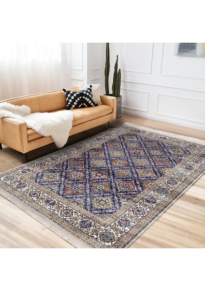 Lacivert Zeminde Uşak Motifli Geleneksel Desenli Vintage Avangarde Salon & Oturma Odası Yatak Odası Dijital Baskılı Makinede Yıkanabilir Kaymaz Taban Saçaklı Halı modelleri