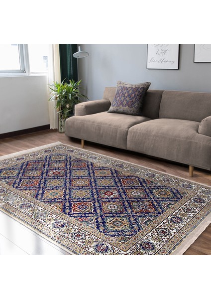 Lacivert Zeminde Uşak Motifli Geleneksel Desenli Vintage Avangarde Salon & Oturma Odası Yatak Odası Dijital Baskılı Makinede Yıkanabilir Kaymaz Taban Saçaklı Halı indirimleri