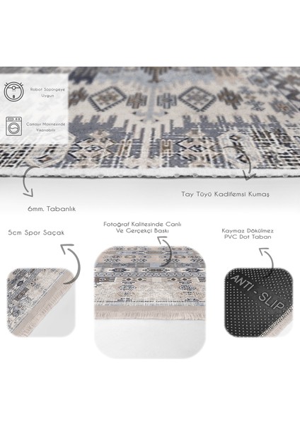 Krem Zeminde Dokuma Halı Motifli Kilim Desenli Eskitme Motifli Vintage Salon & Oturma Odası Dış Mekan & Outdoor Dijital Baskılı Makinede Yıkanabilir Kaymaz Taban Saçaklı Halı fırsatları