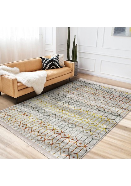 Krem - Ekru Zeminde Etnik Motifli Kilim Desenli Etnik Motifler Eskitme Motifli Salon & Oturma Odası Koridor & Antre Dijital Baskılı Makinede Yıkanabilir Kaymaz Taban Saçaklı Halı