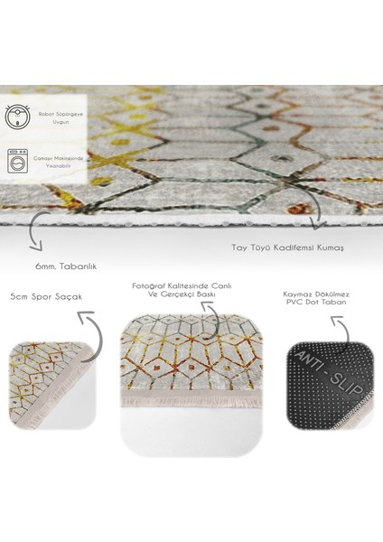 Krem - Ekru Zeminde Etnik Motifli Kilim Desenli Etnik Motifler Eskitme Motifli Salon & Oturma Odası Koridor & Antre Dijital Baskılı Makinede Yıkanabilir Kaymaz Taban Saçaklı Halı