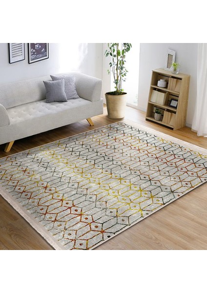 Krem - Ekru Zeminde Etnik Motifli Kilim Desenli Etnik Motifler Eskitme Motifli Salon & Oturma Odası Koridor & Antre Dijital Baskılı Makinede Yıkanabilir Kaymaz Taban Saçaklı Halı
