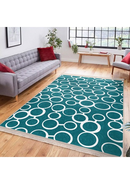 Turkuaz Zeminde Dairesel Motifli Geometrik Desenli Geometrik Sade & Şık Koridor & Antre Ofis Dijital Baskılı Makinede Yıkanabilir Kaymaz Taban Saçaklı Halı