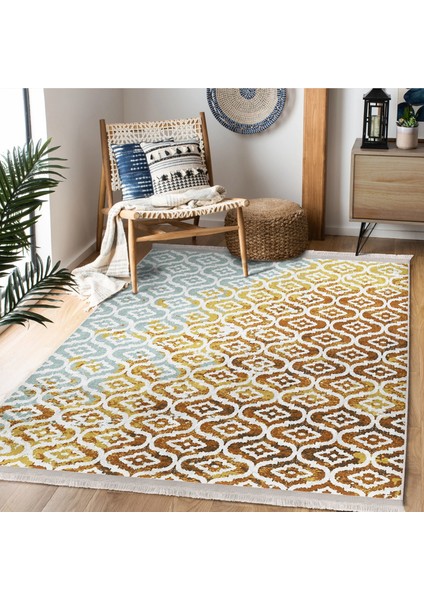 Altın Zeminde Geometrik Motifli Modern Sanat Desenli Geometrik Eskitme Motifli Salon & Oturma Odası Koridor & Antre Dijital Baskılı Makinede Yıkanabilir Kaymaz Taban Saçaklı Halı fiyatları