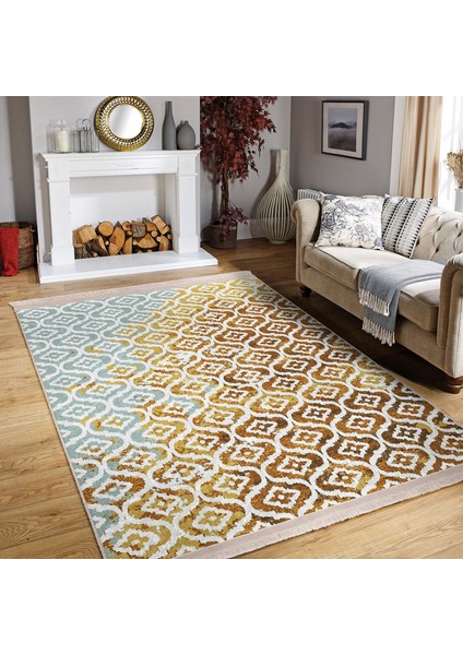 Altın Zeminde Geometrik Motifli Modern Sanat Desenli Geometrik Eskitme Motifli Salon & Oturma Odası Koridor & Antre Dijital Baskılı Makinede Yıkanabilir Kaymaz Taban Saçaklı Halı modelleri