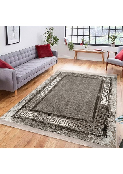 Kahverengi Zeminde Çerçeveli Motifli Eskitme Desenli Klasik Eskitme Motifli Salon & Oturma Odası Yatak Odası Dijital Baskılı Makinede Yıkanabilir Kaymaz Taban Saçaklı Halı indirimleri