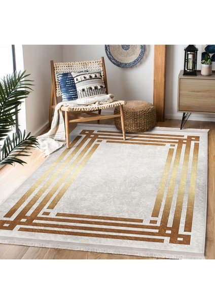 Gold Zeminde Gold Motifli Klasik Desenli Geometrik Sade & Şık Salon & Oturma Odası Yatak Odası Dijital Baskılı Makinede Yıkanabilir Kaymaz Taban Saçaklı Halı modelleri