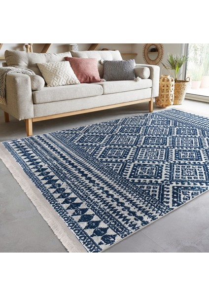 Lacivert Zeminde Geleneksel Motifli Kilim Desenli Geometrik Etnik Motifler Koridor & Antre Salon & Oturma Odası Dijital Baskılı Makinede Yıkanabilir Kaymaz Taban Saçaklı Halı fiyatları