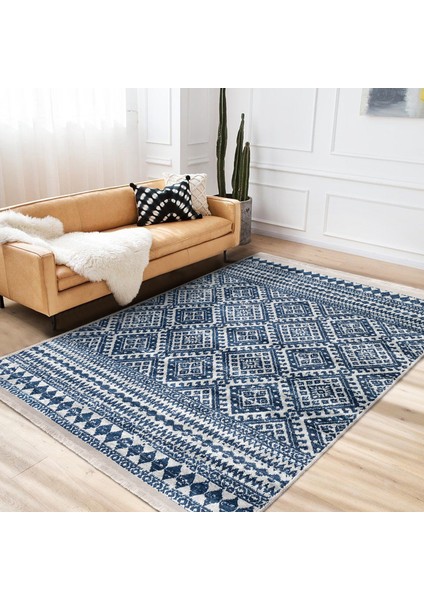 Lacivert Zeminde Geleneksel Motifli Kilim Desenli Geometrik Etnik Motifler Koridor & Antre Salon & Oturma Odası Dijital Baskılı Makinede Yıkanabilir Kaymaz Taban Saçaklı Halı modelleri