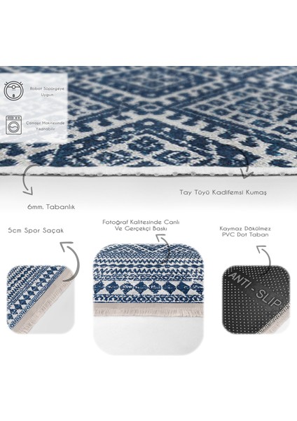 Lacivert Zeminde Geleneksel Motifli Kilim Desenli Geometrik Etnik Motifler Koridor & Antre Salon & Oturma Odası Dijital Baskılı Makinede Yıkanabilir Kaymaz Taban Saçaklı Halı fırsatları