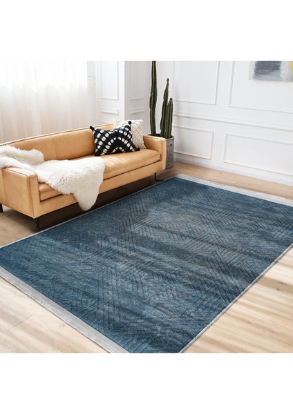 Mavi Zeminde Dokuma Halı Motifli Eskitme Desenli Geometrik Vintage Koridor & Antre Ofis Dijital Baskılı Makinede Yıkanabilir Kaymaz Taban Saçaklı Halı modelleri