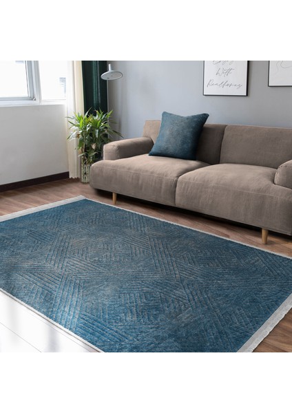 Mavi Zeminde Dokuma Halı Motifli Eskitme Desenli Geometrik Vintage Koridor & Antre Ofis Dijital Baskılı Makinede Yıkanabilir Kaymaz Taban Saçaklı Halı indirimleri