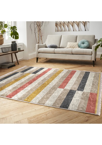Çok Renkli Zeminde Patchwork Motifli Kilim Desenli Geometrik Sade & Şık Koridor & Antre Mutfak Dijital Baskılı Makinede Yıkanabilir Kaymaz Taban Saçaklı Halı