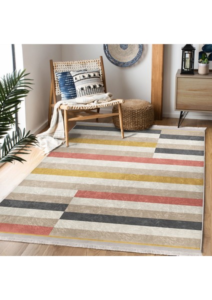 Çok Renkli Zeminde Patchwork Motifli Kilim Desenli Geometrik Sade & Şık Koridor & Antre Mutfak Dijital Baskılı Makinede Yıkanabilir Kaymaz Taban Saçaklı Halı