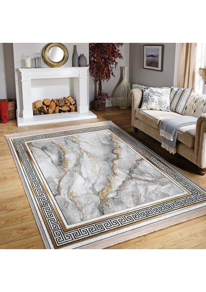 Gri - Gold Zeminde Çerçeveli Motifli Mermer Desenli Vintage Klasik Salon & Oturma Odası Yatak Odası Dijital Baskılı Makinede Yıkanabilir Kaymaz Taban Saçaklı Halı