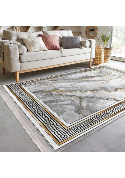 Gri - Gold Zeminde Çerçeveli Motifli Mermer Desenli Vintage Klasik Salon & Oturma Odası Yatak Odası Dijital Baskılı Makinede Yıkanabilir Kaymaz Taban Saçaklı Halı