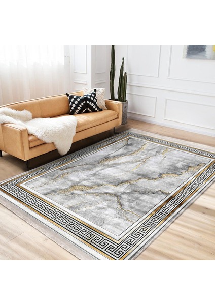Gri - Gold Zeminde Çerçeveli Motifli Mermer Desenli Vintage Klasik Salon & Oturma Odası Yatak Odası Dijital Baskılı Makinede Yıkanabilir Kaymaz Taban Saçaklı Halı