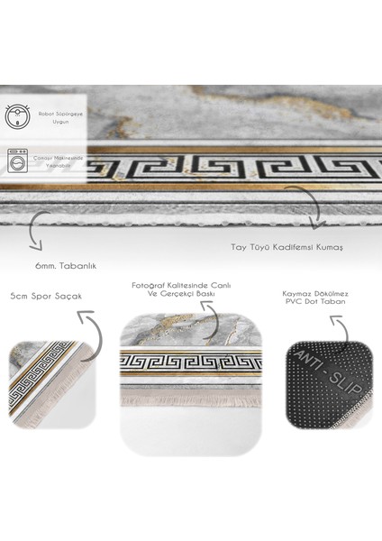 Gri - Gold Zeminde Çerçeveli Motifli Mermer Desenli Vintage Klasik Salon & Oturma Odası Yatak Odası Dijital Baskılı Makinede Yıkanabilir Kaymaz Taban Saçaklı Halı