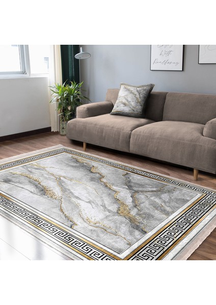 Gri - Gold Zeminde Çerçeveli Motifli Mermer Desenli Vintage Klasik Salon & Oturma Odası Yatak Odası Dijital Baskılı Makinede Yıkanabilir Kaymaz Taban Saçaklı Halı