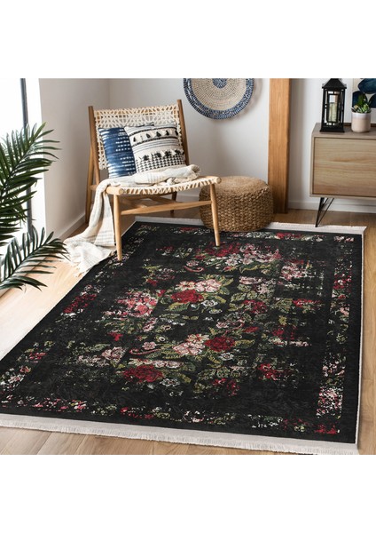 Siyah - Kırmızı Zeminde Çiçek Motifli Eskitme Desenli Floral Eskitme Motifli Salon & Oturma Odası Mutfak Dijital Baskılı Makinede Yıkanabilir Kaymaz Taban Saçaklı Halı indirimleri