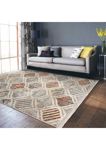 Krem - Kremit Zeminde Geometrik Motifli Geleneksel Desenli Geometrik Klasik Salon & Oturma Odası Mutfak Dijital Baskılı Makinede Yıkanabilir Kaymaz Taban Saçaklı Halı