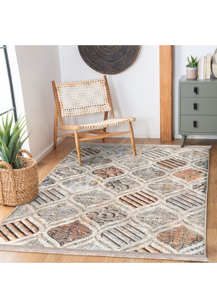 Krem - Kremit Zeminde Geometrik Motifli Geleneksel Desenli Geometrik Klasik Salon & Oturma Odası Mutfak Dijital Baskılı Makinede Yıkanabilir Kaymaz Taban Saçaklı Halı fiyatları