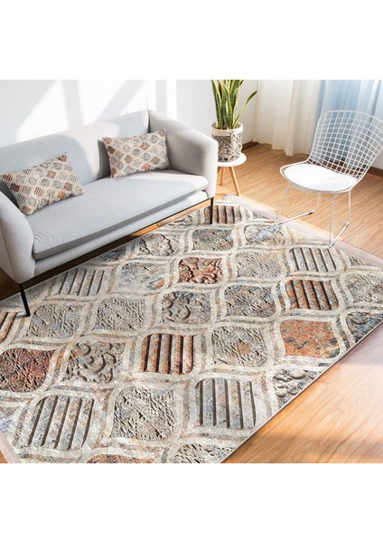 Krem - Kremit Zeminde Geometrik Motifli Geleneksel Desenli Geometrik Klasik Salon & Oturma Odası Mutfak Dijital Baskılı Makinede Yıkanabilir Kaymaz Taban Saçaklı Halı indirimleri