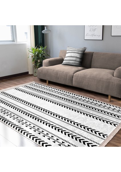 Siyah - Beyaz Zeminde Yöresel Motifli Iskandinav Desenli Sade & Şık Etnik Motifler Koridor & Antre Salon & Oturma Odası Dijital Baskılı Makinede Yıkanabilir Kaymaz Taban Saçaklı Halı modelleri