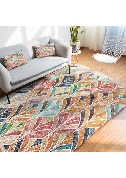 Çok Renkli Zeminde Patchwork Motifli Ikat Desenli Sade & Şık Vintage Salon & Oturma Odası Koridor & Antre Dijital Baskılı Makinede Yıkanabilir Kaymaz Taban Saçaklı Halı