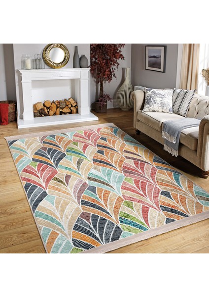 Çok Renkli Zeminde Patchwork Motifli Ikat Desenli Sade & Şık Vintage Salon & Oturma Odası Koridor & Antre Dijital Baskılı Makinede Yıkanabilir Kaymaz Taban Saçaklı Halı modelleri