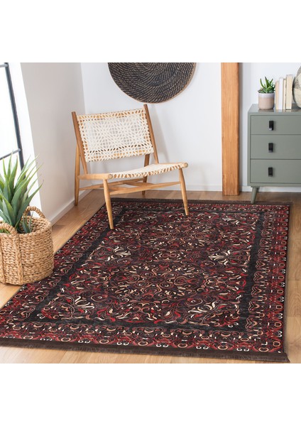 Kahverengi - Kırmızı Zeminde Uşak Motifli El Dokuma Desenli Avangarde Vintage Salon & Oturma Odası Dış Mekan & Outdoor Dijital Baskılı Makinede Yıkanabilir Kaymaz Taban Saçaklı Halı