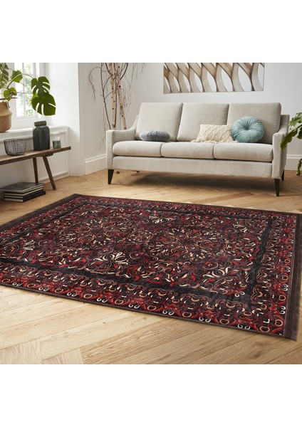 Kahverengi - Kırmızı Zeminde Uşak Motifli El Dokuma Desenli Avangarde Vintage Salon & Oturma Odası Dış Mekan & Outdoor Dijital Baskılı Makinede Yıkanabilir Kaymaz Taban Saçaklı Halı fiyatları