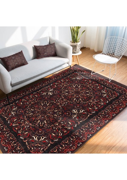 Kahverengi - Kırmızı Zeminde Uşak Motifli El Dokuma Desenli Avangarde Vintage Salon & Oturma Odası Dış Mekan & Outdoor Dijital Baskılı Makinede Yıkanabilir Kaymaz Taban Saçaklı Halı modelleri