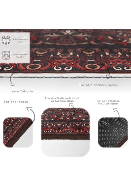 Kahverengi - Kırmızı Zeminde Uşak Motifli El Dokuma Desenli Avangarde Vintage Salon & Oturma Odası Dış Mekan & Outdoor Dijital Baskılı Makinede Yıkanabilir Kaymaz Taban Saçaklı Halı fırsatları