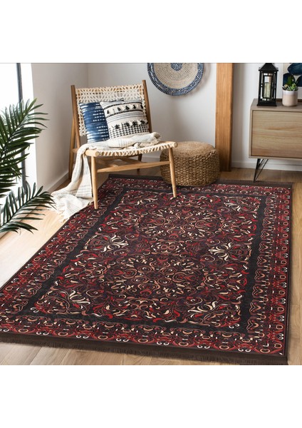 Kahverengi - Kırmızı Zeminde Uşak Motifli El Dokuma Desenli Avangarde Vintage Salon & Oturma Odası Dış Mekan & Outdoor Dijital Baskılı Makinede Yıkanabilir Kaymaz Taban Saçaklı Halı indirimleri