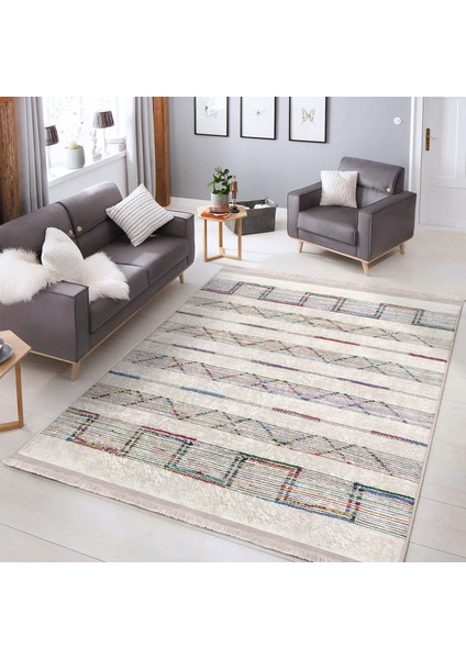 Ekru Zeminde Etnik Motifli Vintage Desenli Etnik Motifler Sade & Şık Salon & Oturma Odası Koridor & Antre Dijital Baskılı Makinede Yıkanabilir Kaymaz Taban Saçaklı Halı modelleri