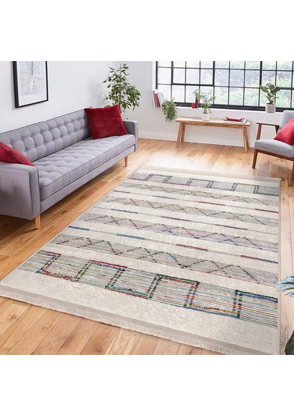 Ekru Zeminde Etnik Motifli Vintage Desenli Etnik Motifler Sade & Şık Salon & Oturma Odası Koridor & Antre Dijital Baskılı Makinede Yıkanabilir Kaymaz Taban Saçaklı Halı indirimleri