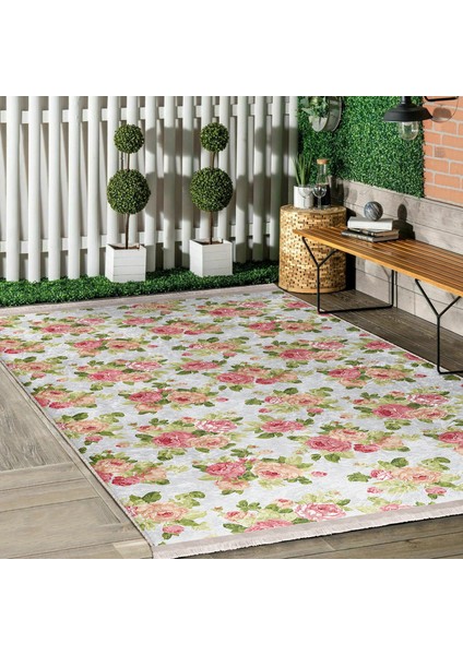 Mavi - Pembe Zeminde Gül Motifli Floral Desenli Floral Sade & Şık Salon & Oturma Odası Mutfak Dijital Baskılı Makinede Yıkanabilir Kaymaz Taban Saçaklı Halı