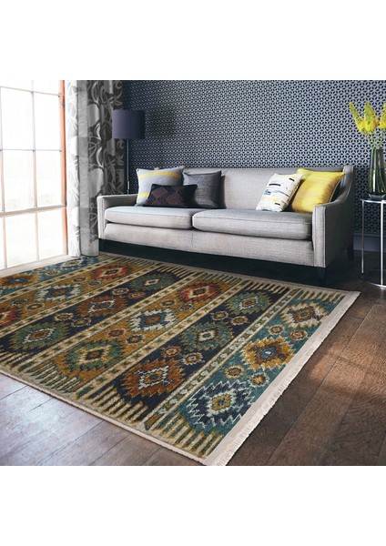 Renkli Zeminde Kilim Motifli Baklava Desenli Avangarde Vintage Koridor & Antre Salon & Oturma Odası Dijital Baskılı Makinede Yıkanabilir Kaymaz Taban Saçaklı Halı
