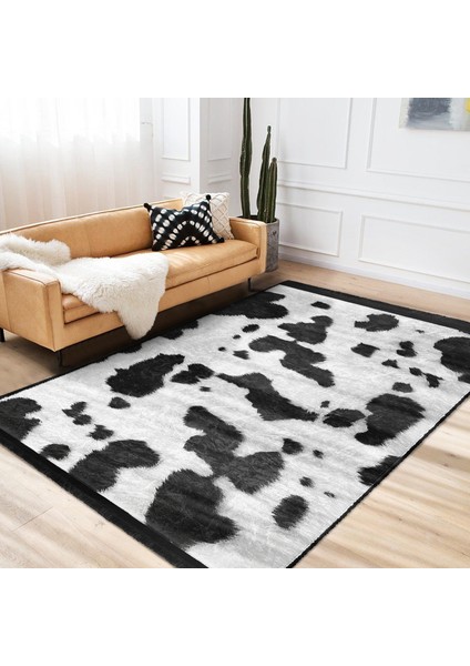 Siyah - Beyaz Zeminde Dalmaçyalı Motifli Kürk Desenli Sade & Şık Klasik Salon & Oturma Odası Dış Mekan & Outdoor Dijital Baskılı Makinede Yıkanabilir Kaymaz Taban Saçaklı Halı fiyatları