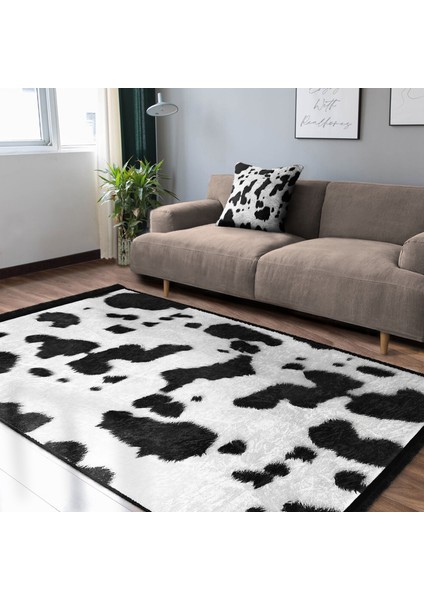 Siyah - Beyaz Zeminde Dalmaçyalı Motifli Kürk Desenli Sade & Şık Klasik Salon & Oturma Odası Dış Mekan & Outdoor Dijital Baskılı Makinede Yıkanabilir Kaymaz Taban Saçaklı Halı modelleri