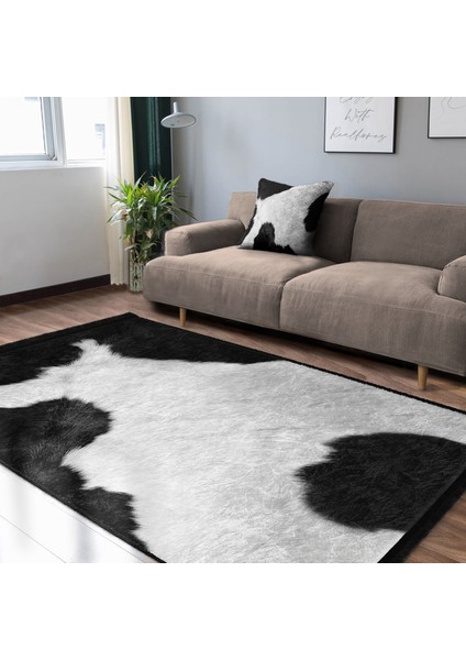 Siyah - Beyaz Zeminde Post Motifli Kürk Desenli Sade & Şık Klasik Salon & Oturma Odası Dış Mekan & Outdoor Dijital Baskılı Makinede Yıkanabilir Kaymaz Taban Saçaklı Halı fiyatları